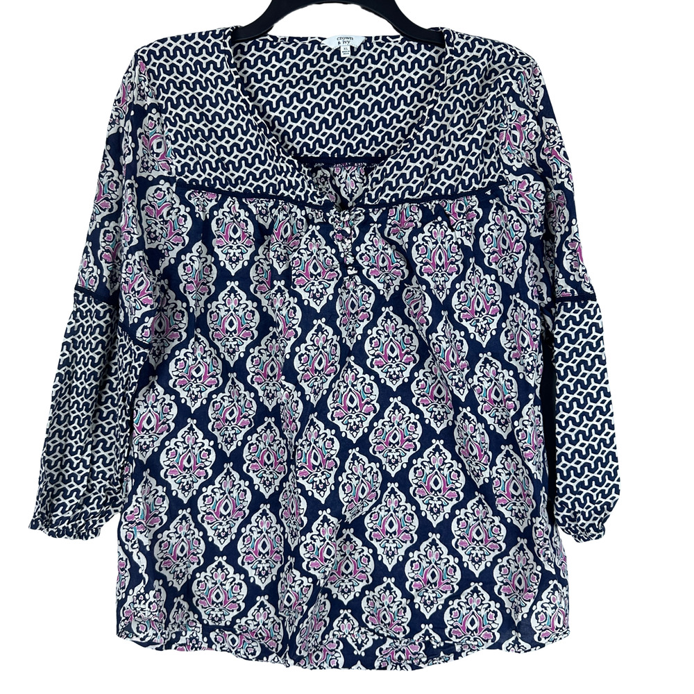 Crown & Ivy Boho Blue Pink 3/4 Sleeve Tunic - Size XLarge